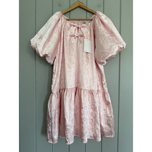 NWT Endless Rose Dress L Large Sheen Bow Detail Pink Satin Puff Sleeves NEW - Picture 1 of 6